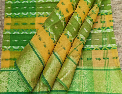 PRANATI ENTERPRISE Printed Tant Cotton Blend Saree(Green, Yellow)