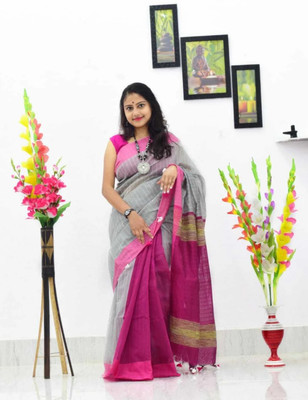 Sampa Das Solid/Plain Handloom Cotton Silk Saree(Grey, Pink)