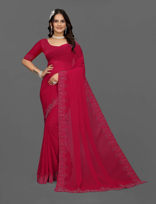 Harbhole Lace Border Solid/Plain Bollywood Georgette Saree(Pink)