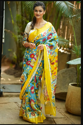 VCREATION Printed Bollywood Cotton Linen Saree(Yellow)