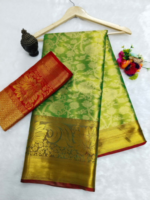 Mervadiya Self Design Dharmavaram Pure Silk, Art Silk Saree(Green)