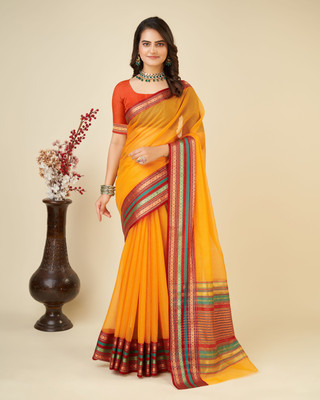 Yogik Creation Floral Print Banarasi Cotton Blend Saree(Mustard)