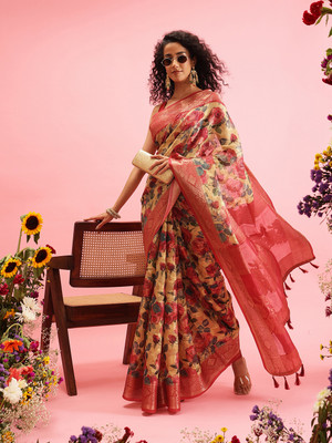 Divastri Digital Print Banarasi Cotton Blend Saree(Mustard)