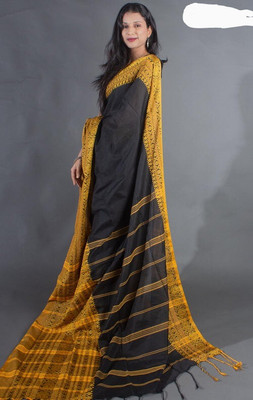NADIA HANDALOOM Self Design Handloom Pure Cotton Saree(Black, Yellow)