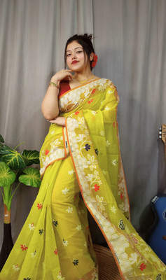 ANU INDIAN FASHION Woven Jamdani Cotton Silk Saree(Yellow, White)