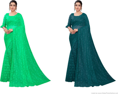 Fashion Field Self Design Bollywood Net Saree(Pack of 2, Light Green, Blue)