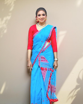 MADHAV Solid/Plain Mekhela Chador Cotton Silk Saree(Blue)