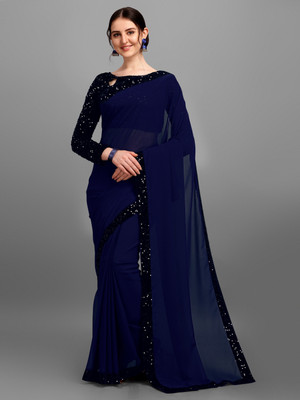 Ak dharma Solid/Plain Bollywood Georgette Saree(Dark Blue)