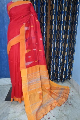 THEWINGSTOFLY Solid/Plain Handloom Cotton Silk Saree(Red)