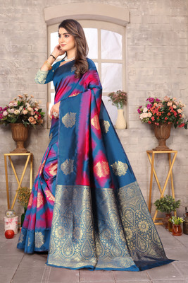 SIDDHESHWAR Self Design Assam Silk Lycra Blend Saree(Blue)