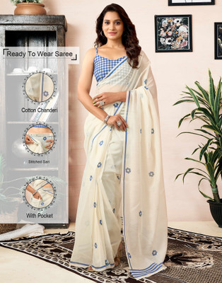 Samah Geometric Print, Printed Daily Wear Cotton Blend, Chanderi Saree(White)