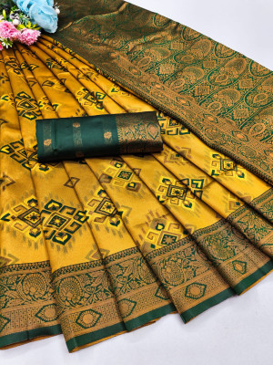 Deepkala Designer Striped, Woven Kanjivaram Silk Blend Saree(Dark Green, Yellow)