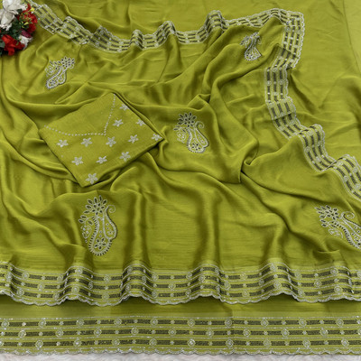 VarniRaaj Fashion Embellished Bollywood Pure Silk Saree(Light Green)