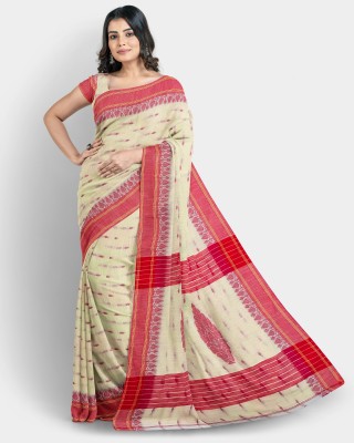 Mayabi Woven Tant Pure Cotton Saree(White, Red)