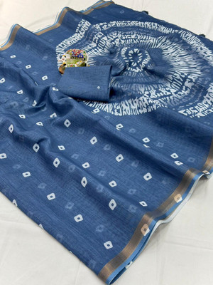 2SD gratitude Tie-Dye, Printed, Digital Print Daily Wear Cotton Linen, Linen Saree(Light Blue)