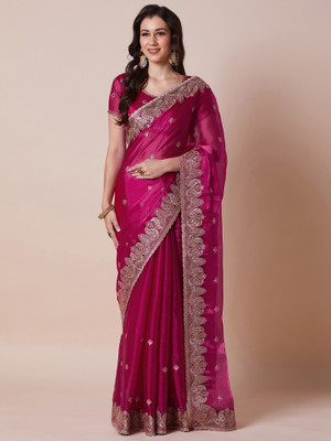 House of Pataudi Embroidered Bollywood Organza Saree(Pink)