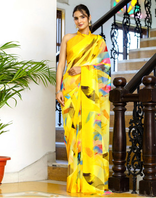 Samah Digital Print, Printed, Embellished Bollywood Georgette Saree(Yellow)