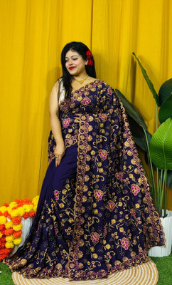 Dona Sharee Embroidered Bollywood Silk Blend Saree(Dark Blue)
