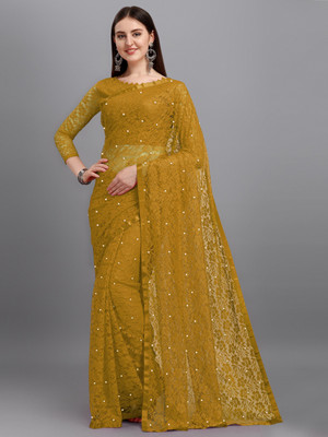 LOROFY Self Design Bollywood Net Saree(Yellow)