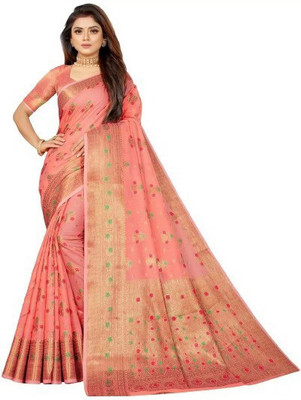 Surati Sarees Woven Banarasi Cotton Silk Saree(Orange)