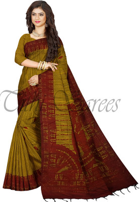 TRFASHIONHUB Printed Sambalpuri Cotton Blend Saree(Yellow)