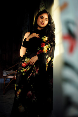 kashvi sarees Floral Print Bollywood Georgette Saree(Black)