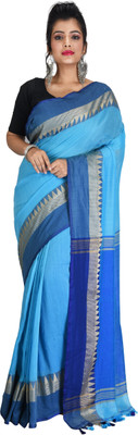 chhanda handloom sarees Temple Border Handloom Handloom Pure Cotton Saree(Blue)
