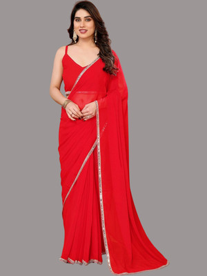 ISHA TRADE Solid/Plain Daily Wear Georgette Saree(Red)