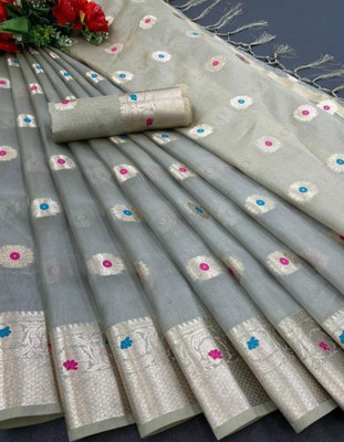 Banaras silk palace Dyed Banarasi Organza Saree(Grey)