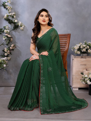 Sareeve Embellished, Solid/Plain Bollywood Chiffon, Georgette Saree(Green)
