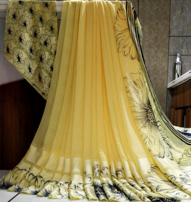 Bombey Velvat Fab Printed, Solid/Plain Lucknow Chikankari Mulmul, Chiffon Saree(Yellow)