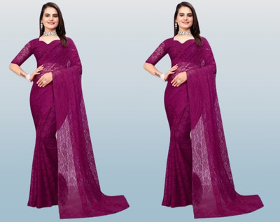 Vragi Self Design Bollywood Net Saree(Pack of 2, Purple)