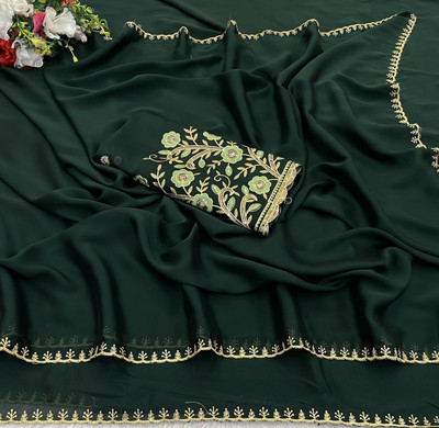 K 5 FASHION Self Design, Solid/Plain, Embroidered Bollywood Chiffon Saree(Dark Green)