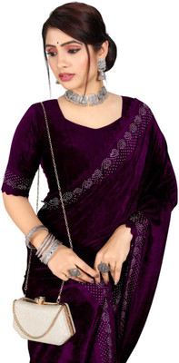 Dream Crushers Embroidered Bollywood Velvet Saree(Red)