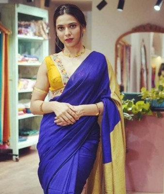 SG's Collection Solid/Plain Handloom Pure Cotton Saree(Blue, Yellow)