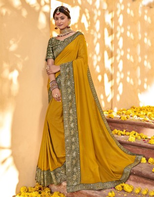 Samah Self Design, Woven, Embellished Bollywood Silk Blend, Pure Silk Saree(Yellow, Green, Gold)