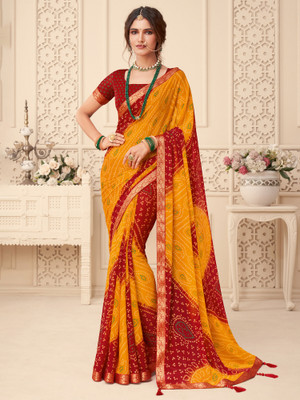 ANOUK Embellished Bandhani Chiffon Saree(Yellow)
