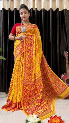 OWALID Self Design Jamdani Cotton Silk Saree(Mustard)