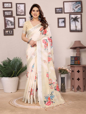 The Style Sanctuary Floral Print, Printed Daily Wear Cotton Linen Saree(Cream, Multicolor)