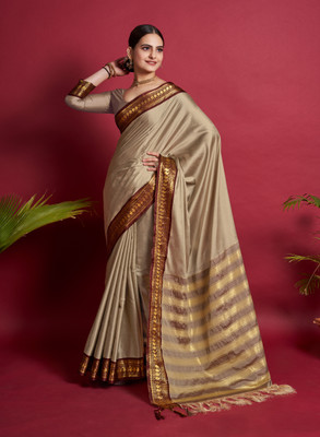 RASVRITI Printed, Temple Border, Woven, Embellished, Solid/Plain Banarasi Art Silk, Cotton Silk Saree(Cream, Red)