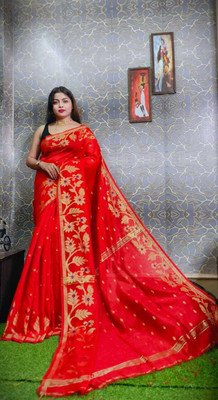 Ghosh handloom Self Design Banarasi Cotton Silk Saree(Red)