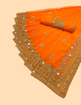 NQUEEN Embroidered Banarasi Georgette Saree(Mustard)