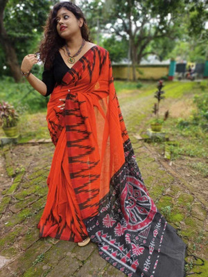 QUETZAL HANDLOOM SAREE Printed Sambalpuri Pure Cotton Saree(Orange)