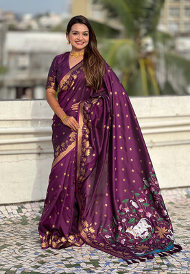 ROOP LAVANYA Woven Paithani Jacquard, Pure Silk Saree(Purple)