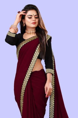 Jevlan Solid/Plain Bollywood Silk Blend Saree(Maroon)