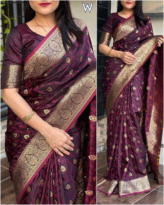 DIVINE Woven, Embellished, Floral Print, Paisley Banarasi Satin Saree(Multicolor)