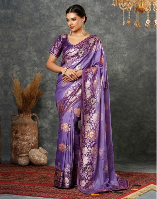 Satrani Dyed, Self Design, Woven, Embellished Banarasi Cotton Silk Saree(Purple, Multicolor)