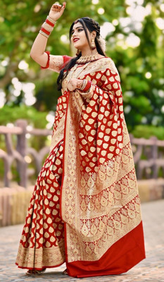 Ansari Fabrics Embellished Banarasi Satin Saree(Maroon)
