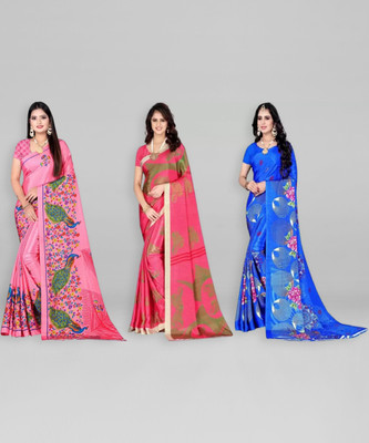 Leelavati Printed Daily Wear Crepe Saree(Pack of 3, Pink)