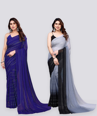 Anand Sarees Embellished, Solid/Plain Bollywood Satin Saree(Pack of 2, Dark Blue, Grey, Black)